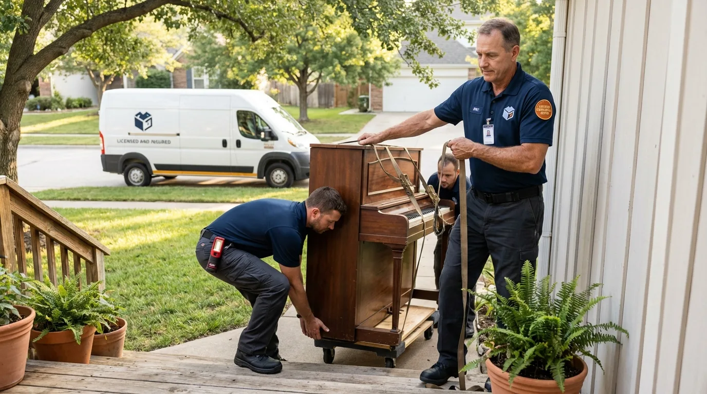 Licensed piano movers securing grand piano in Laurel, MT