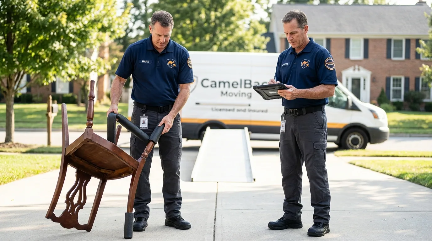 Movers inspecting furniture for damage prevention before loading in Laurel, MT